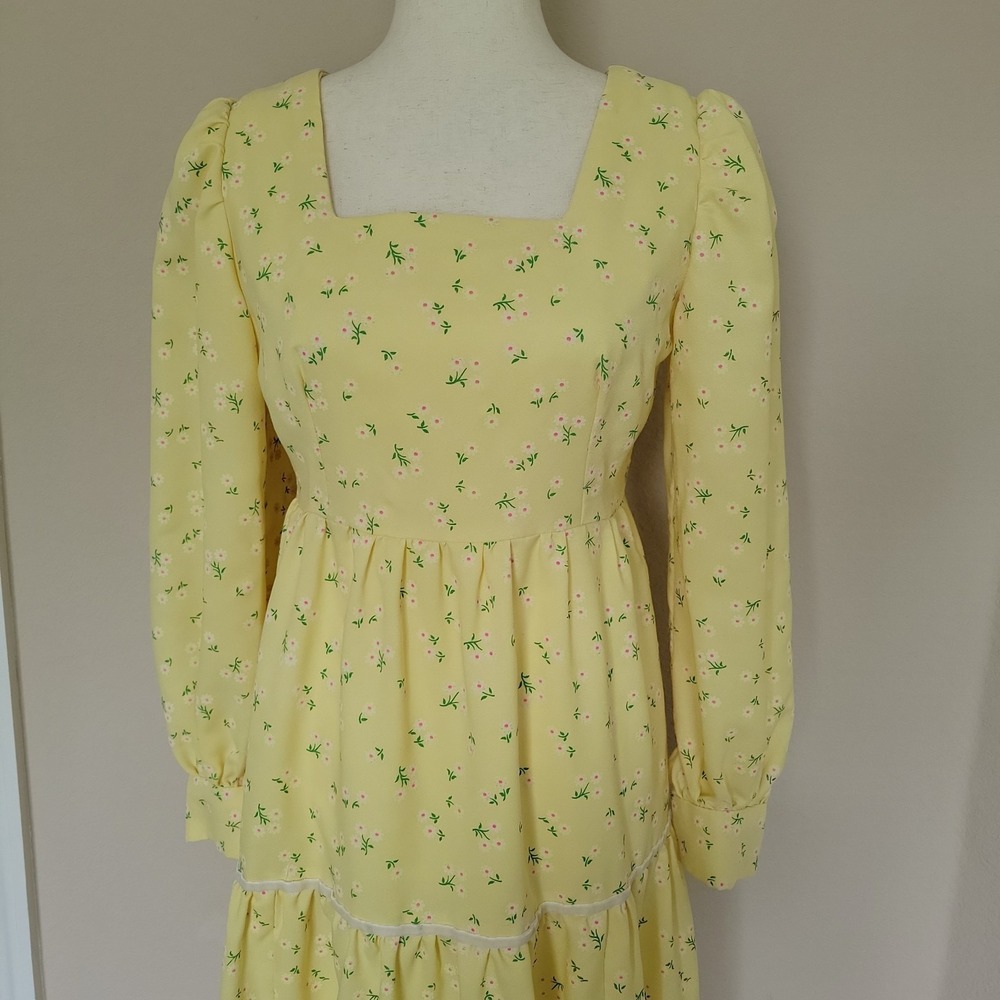 Vtg 70s Handmade Tiered Maxi Dress Size S Prairie Cottage Floral Hippie Boho